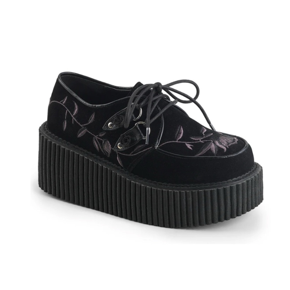 Black Velvet Platform Sneakers with Embroidered Floral Detail